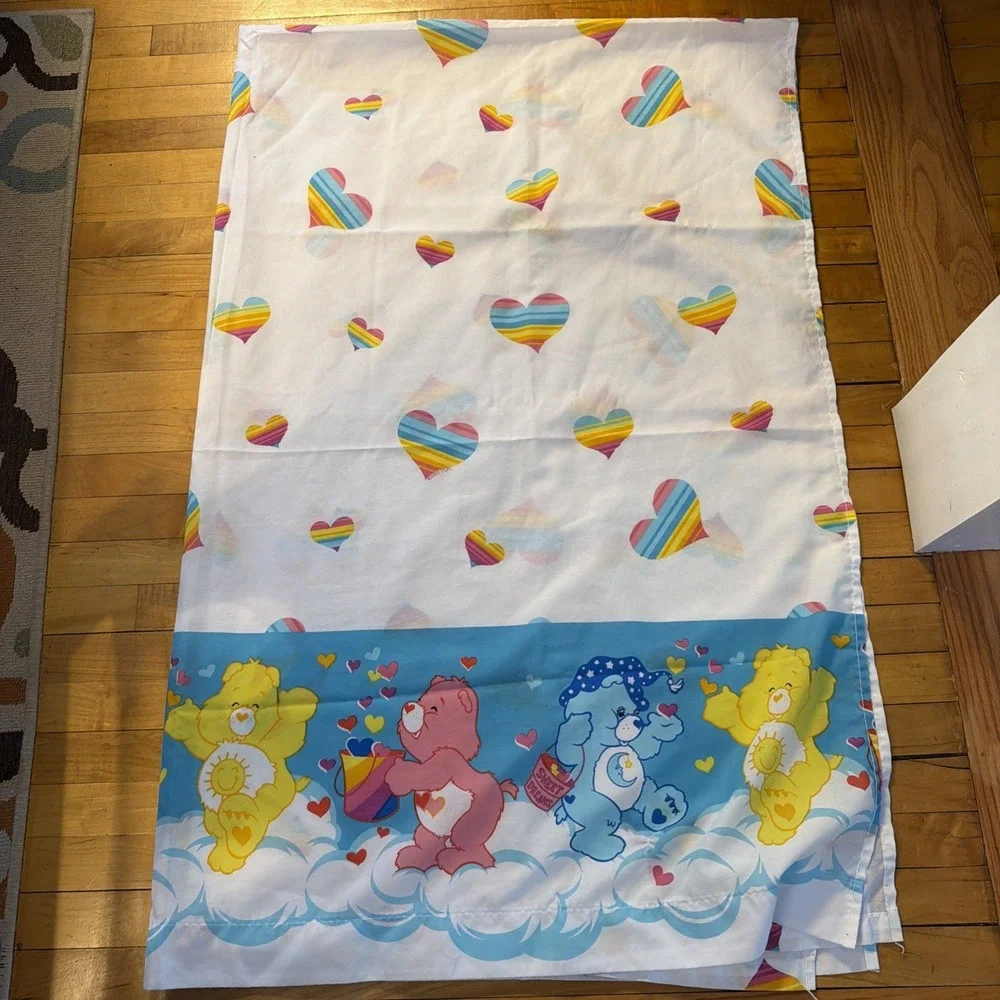 Care Bear Flat Sheet Rainbow Hearts Franco Mfg USA 2002 Vintage